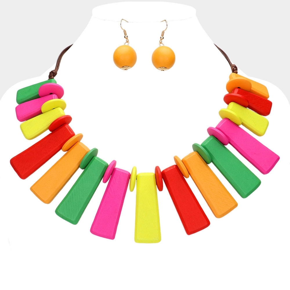 Colorful Geometric Wooden Beaded Statement Necklace Chain Chunky Jewelry Set